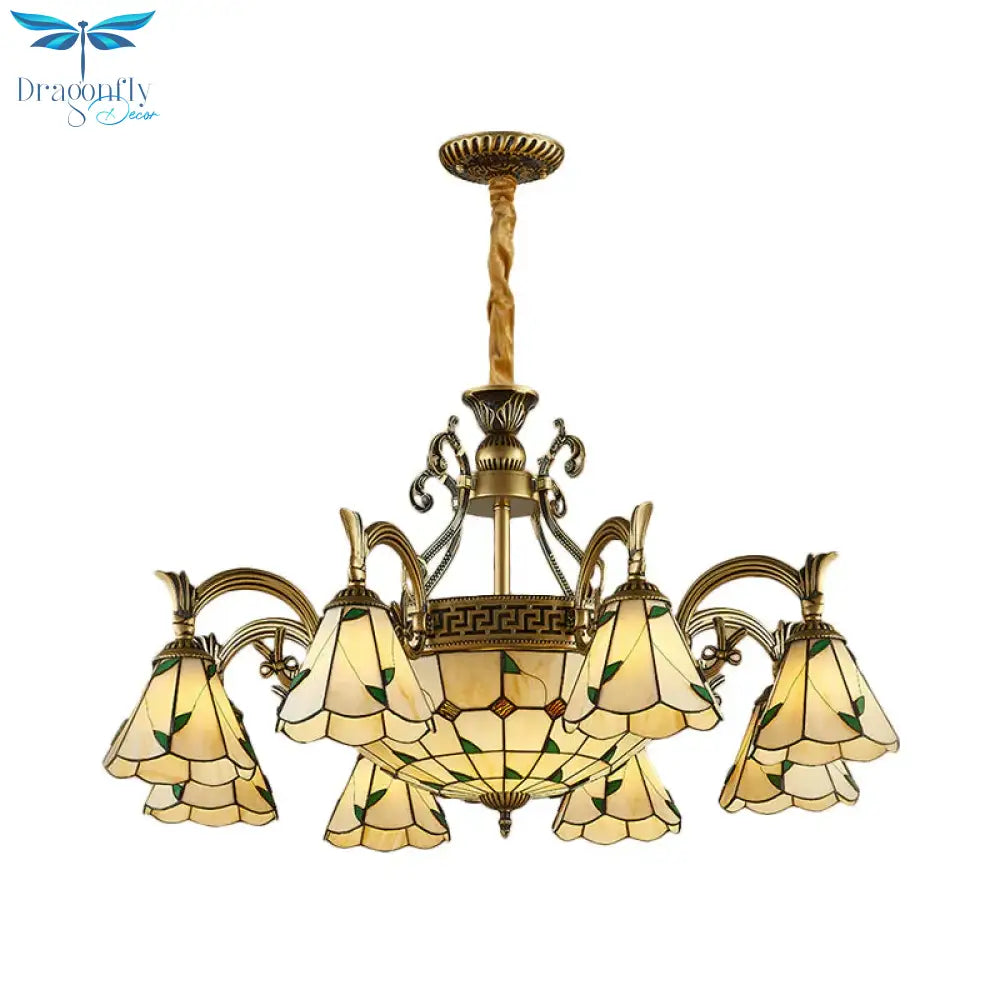 Country Style Dome Pendant Light With Cone Stained Glass 9/11 Lights Chandelier Lamp In Beige