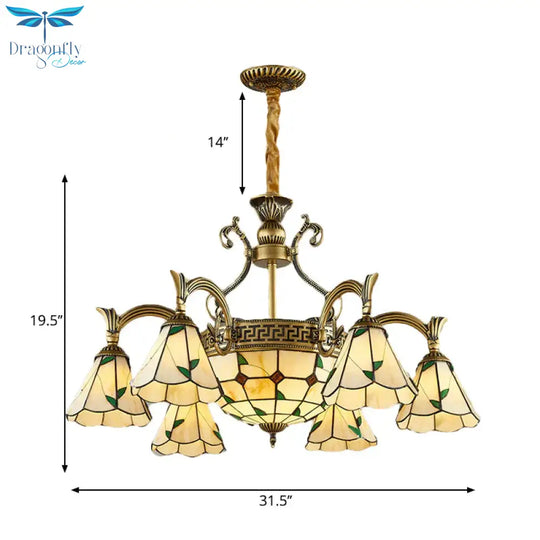 Country Style Dome Pendant Light With Cone Stained Glass 9/11 Lights Chandelier Lamp In Beige