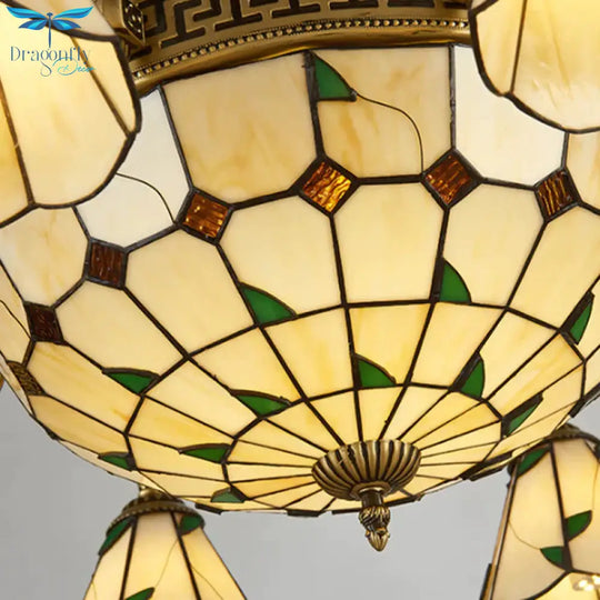 Country Style Dome Pendant Light With Cone Stained Glass 9/11 Lights Chandelier Lamp In Beige
