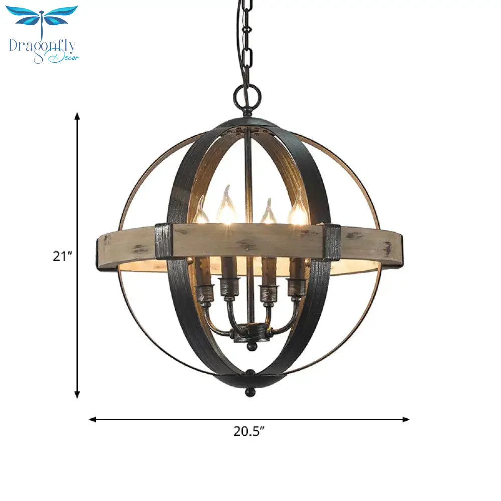 Country Style Wood Strap Globe Pendant Chandelier In Black