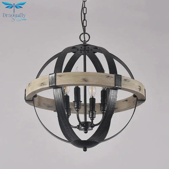 Country Style Wood Strap Globe Pendant Chandelier In Black