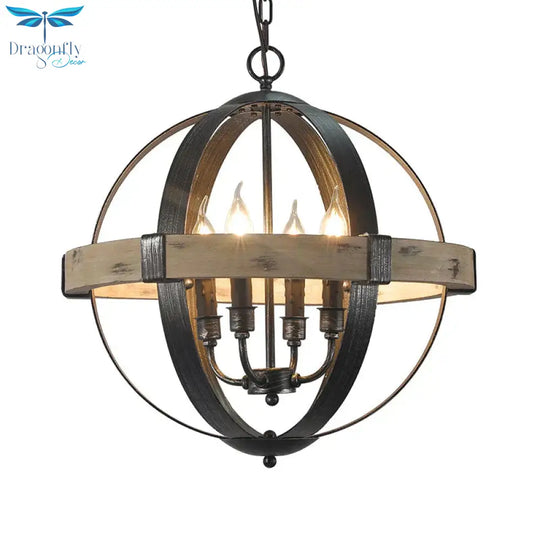 Country Style Wood Strap Globe Pendant Chandelier In Black