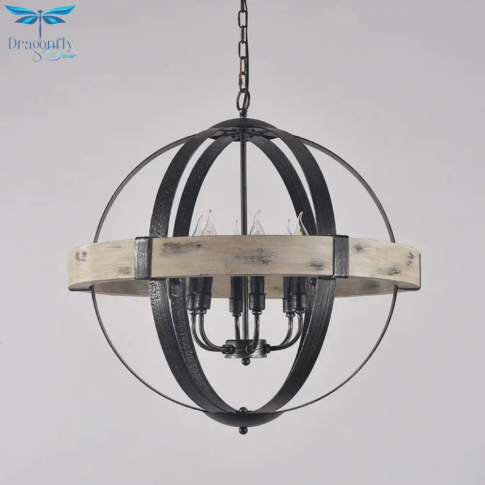 Country Style Wood Strap Globe Pendant Chandelier In Black