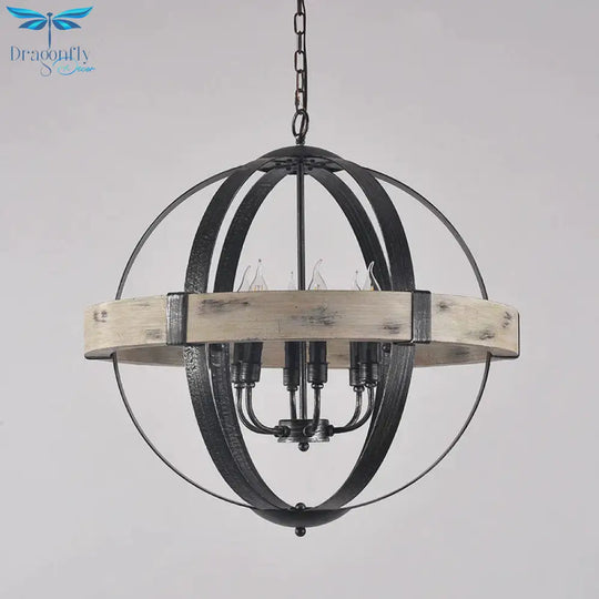 Country Style Wood Strap Globe Pendant Chandelier In Black