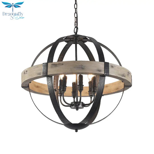Country Style Wood Strap Globe Pendant Chandelier In Black