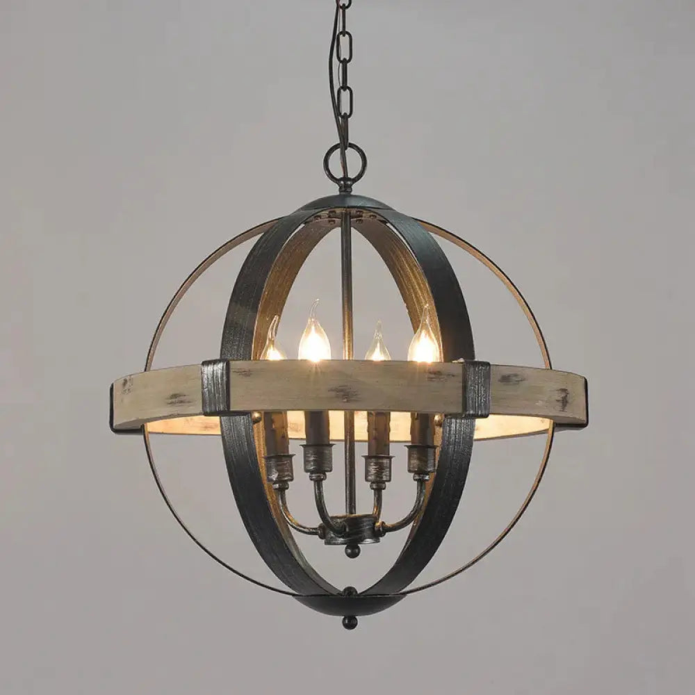 Country Style Wood Strap Globe Pendant Chandelier In Black 6 /