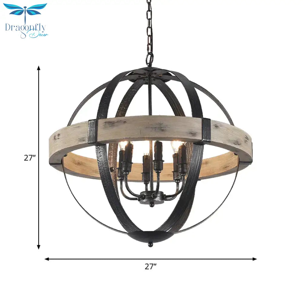 Country Style Wood Strap Globe Pendant Chandelier In Black