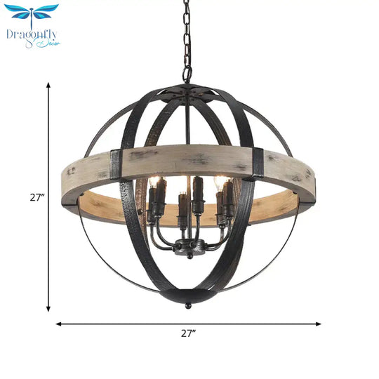 Country Style Wood Strap Globe Pendant Chandelier In Black