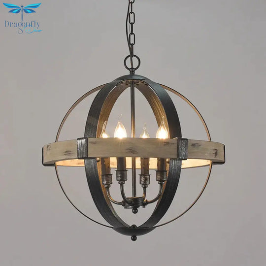 Country Style Wood Strap Globe Pendant Chandelier In Black