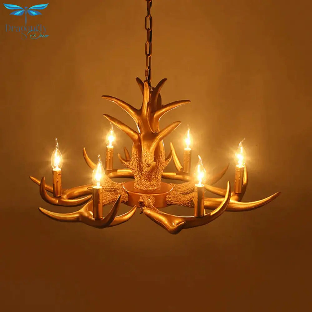 Countryside Antler Hanging Pendant 6 Lights Resin Ceiling Chandelier In Gold For Living Room