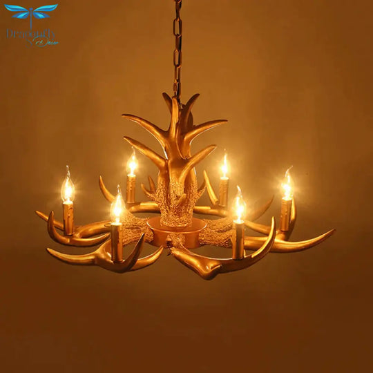 Countryside Antler Hanging Pendant 6 Lights Resin Ceiling Chandelier In Gold For Living Room