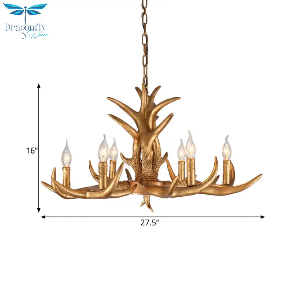 Countryside Antler Hanging Pendant 6 Lights Resin Ceiling Chandelier In Gold For Living Room