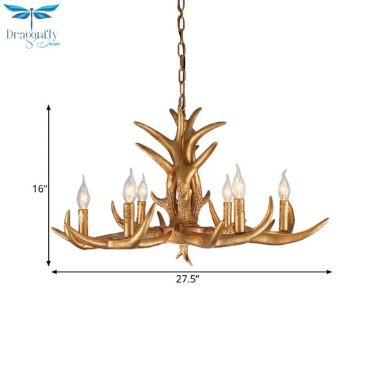 Countryside Antler Hanging Pendant 6 Lights Resin Ceiling Chandelier In Gold For Living Room