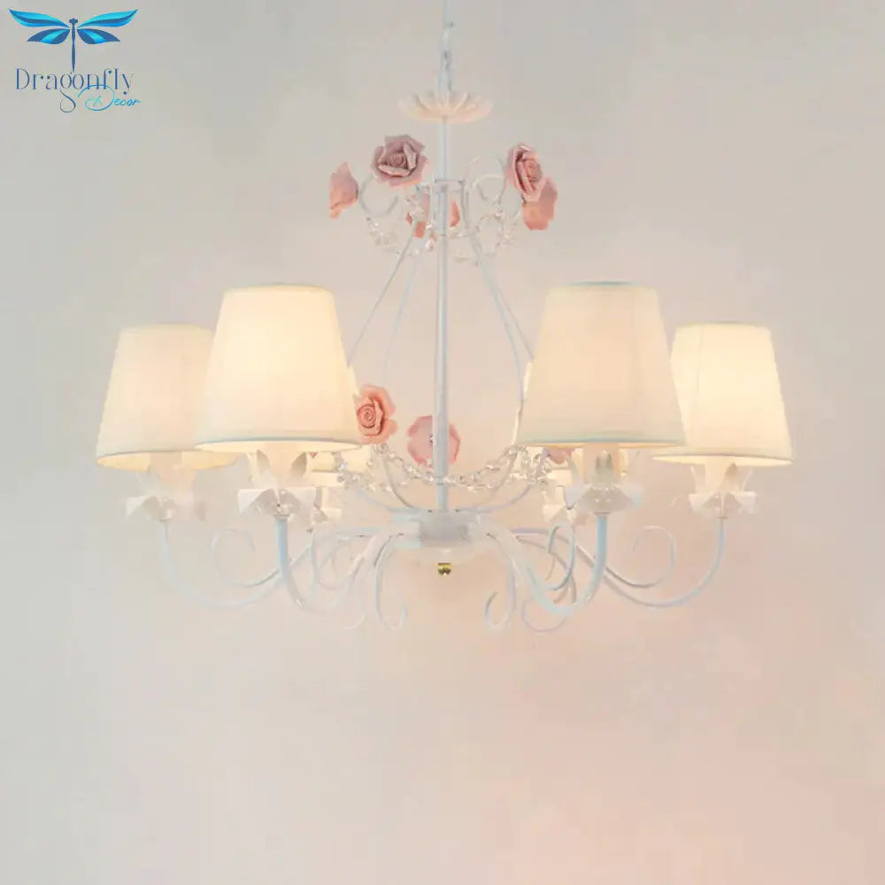 Countryside Barrel Chandelier Lighting Fixture 5 Heads Fabric Pendant Ceiling Light In Pink/White
