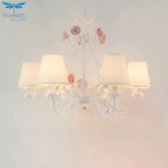 Countryside Barrel Chandelier Lighting Fixture 5 Heads Fabric Pendant Ceiling Light In Pink/White