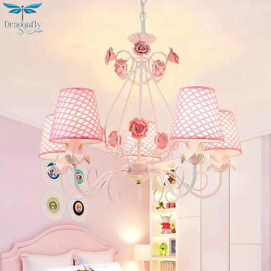 Countryside Barrel Chandelier Lighting Fixture 5 Heads Fabric Pendant Ceiling Light In Pink/White