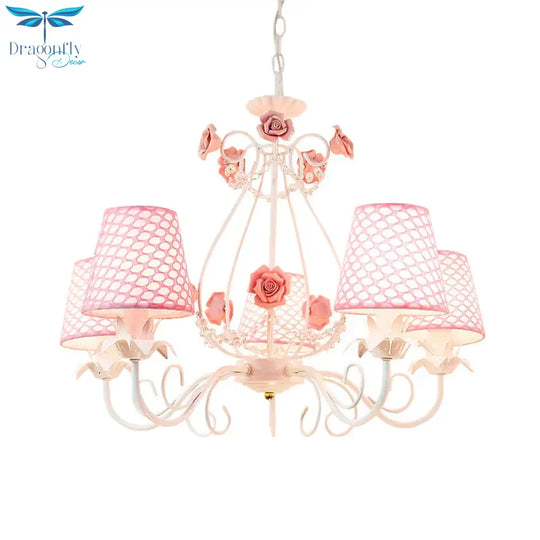 Countryside Barrel Chandelier Lighting Fixture 5 Heads Fabric Pendant Ceiling Light In Pink/White