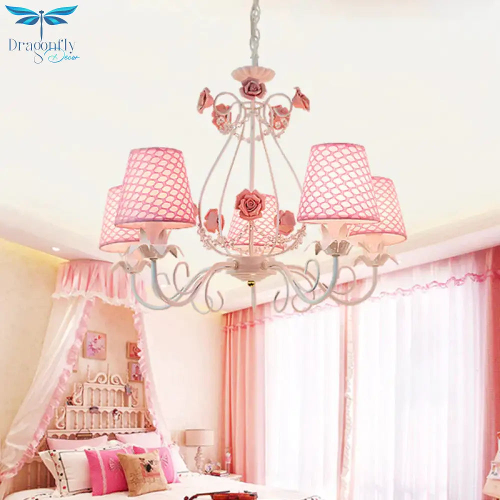 Countryside Barrel Chandelier Lighting Fixture 5 Heads Fabric Pendant Ceiling Light In Pink/White