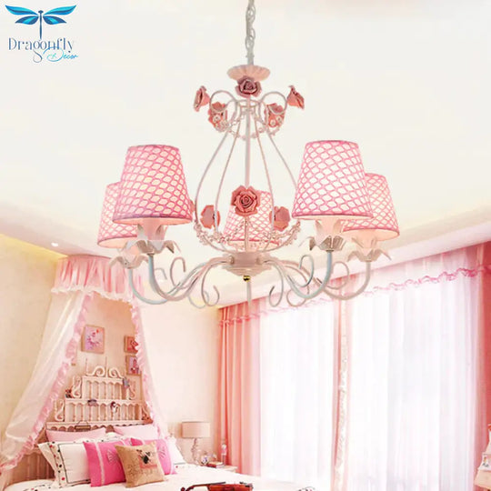 Countryside Barrel Chandelier Lighting Fixture 5 Heads Fabric Pendant Ceiling Light In Pink/White