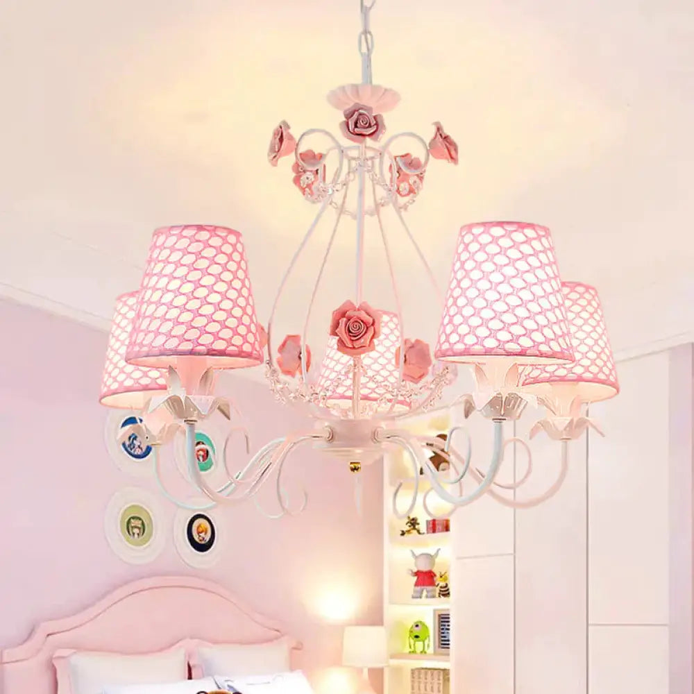 Countryside Barrel Chandelier Lighting Fixture 5 Heads Fabric Pendant Ceiling Light In Pink/White