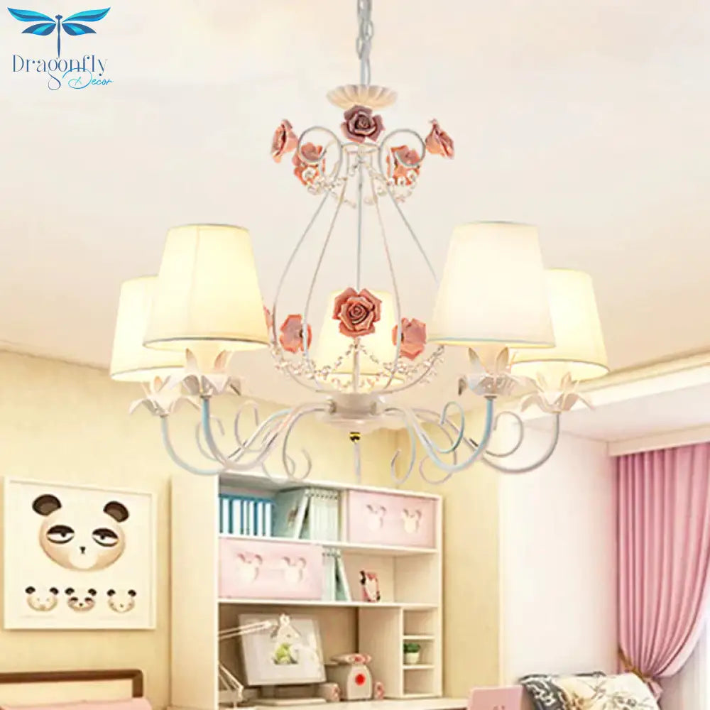 Countryside Barrel Chandelier Lighting Fixture 5 Heads Fabric Pendant Ceiling Light In Pink/White