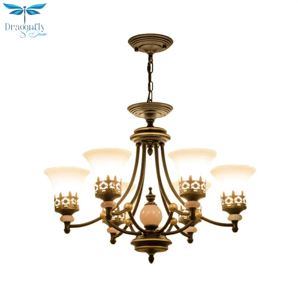 Countryside Bell Up Hanging Lighting 3/6 Lights White Glass Pendant Chandelier In Black And Gold