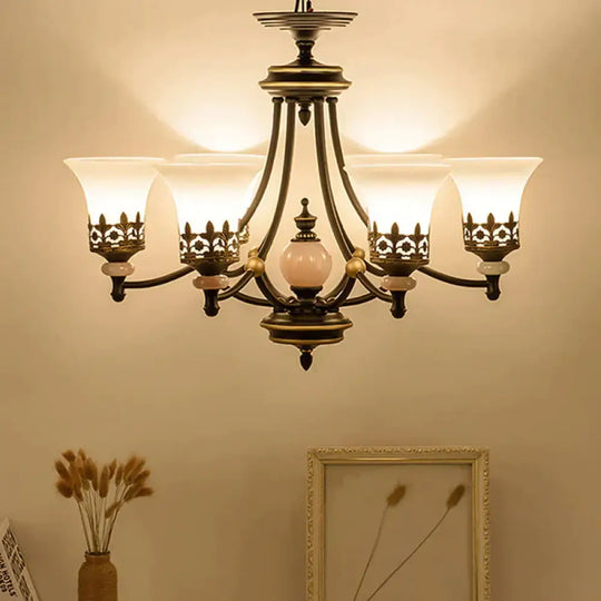 Countryside Bell Up Hanging Lighting 3/6 Lights White Glass Pendant Chandelier In Black And Gold 6