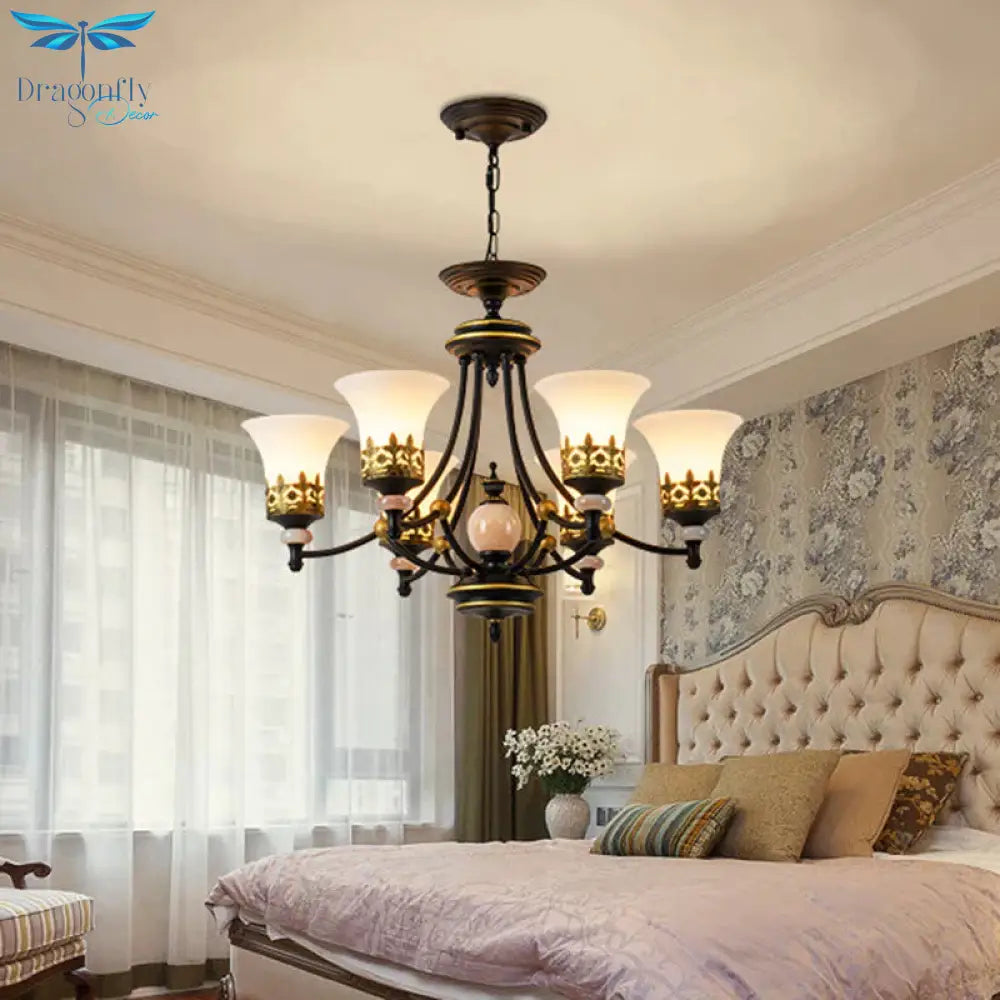 Countryside Bell Up Hanging Lighting 3/6 Lights White Glass Pendant Chandelier In Black And Gold