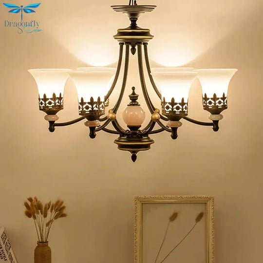 Countryside Bell Up Hanging Lighting 3/6 Lights White Glass Pendant Chandelier In Black And Gold