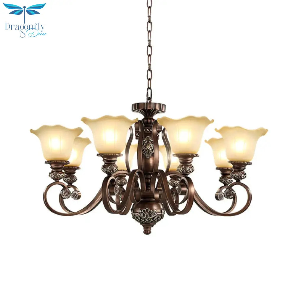 Countryside Bloom Pendant Chandelier 8 Bulbs Opaline Glass Hanging Lamp With Scrolled Arm In Bronze