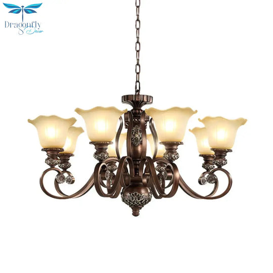 Countryside Bloom Pendant Chandelier 8 Bulbs Opaline Glass Hanging Lamp With Scrolled Arm In Bronze