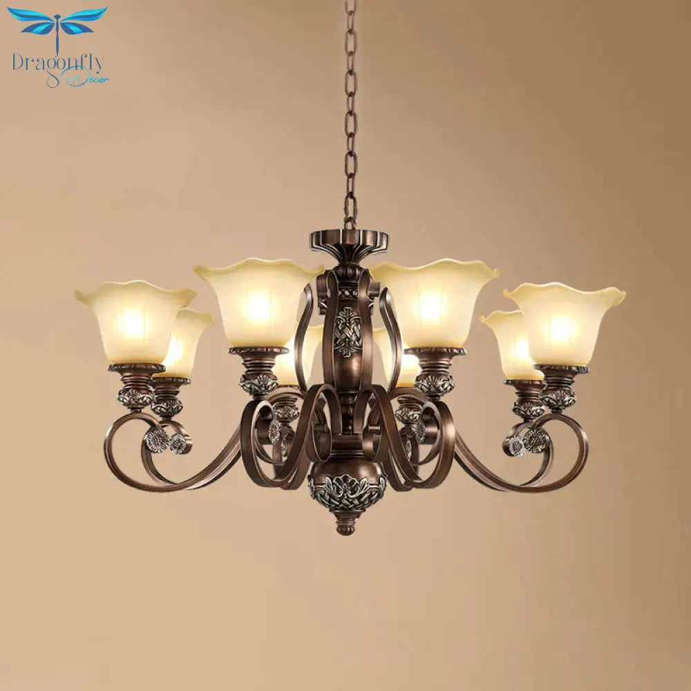 Countryside Bloom Pendant Chandelier 8 Bulbs Opaline Glass Hanging Lamp With Scrolled Arm In Bronze