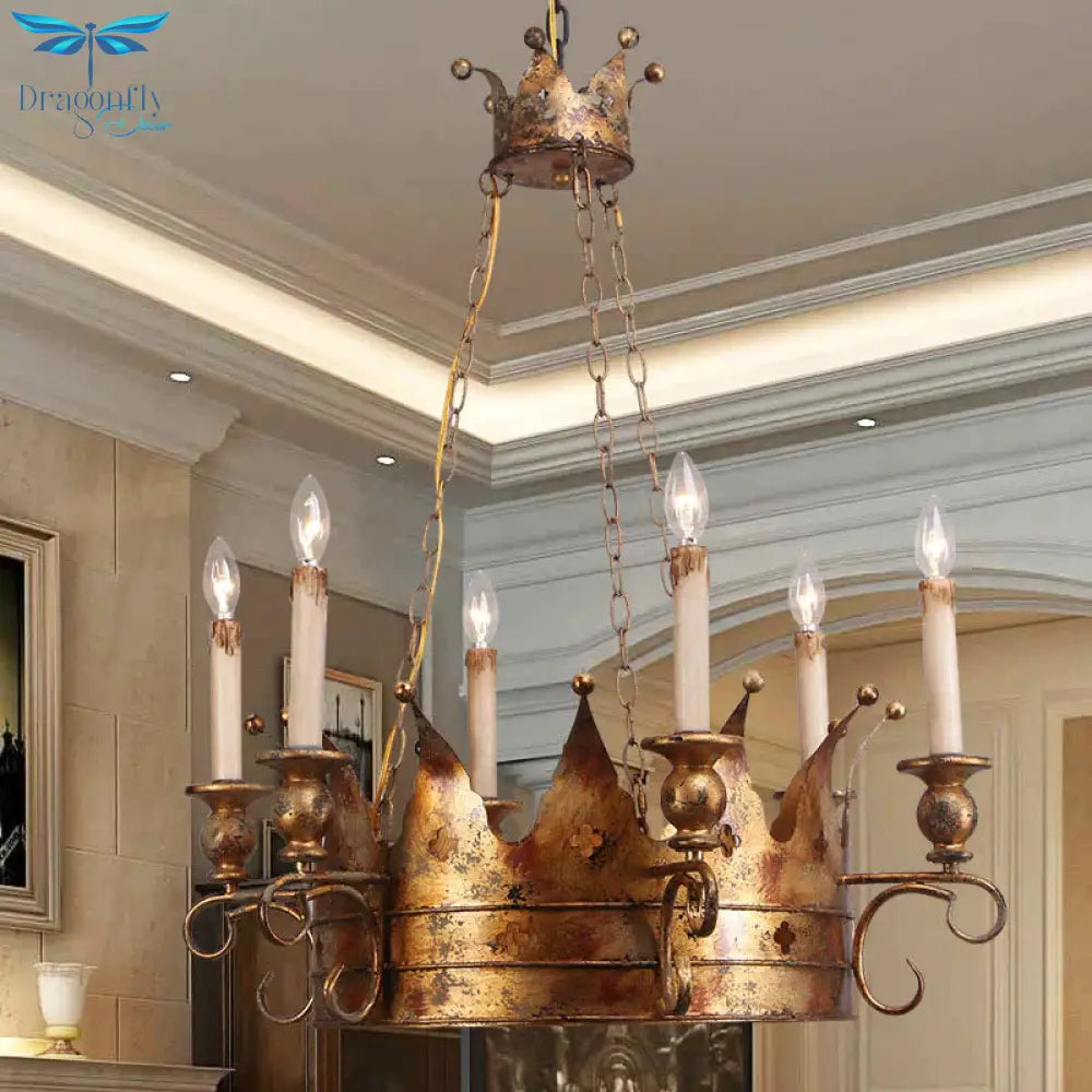 Countryside Crown Hanging Pendant 6 Lights Metal Ceiling Chandelier In Antique Brass For Living Room