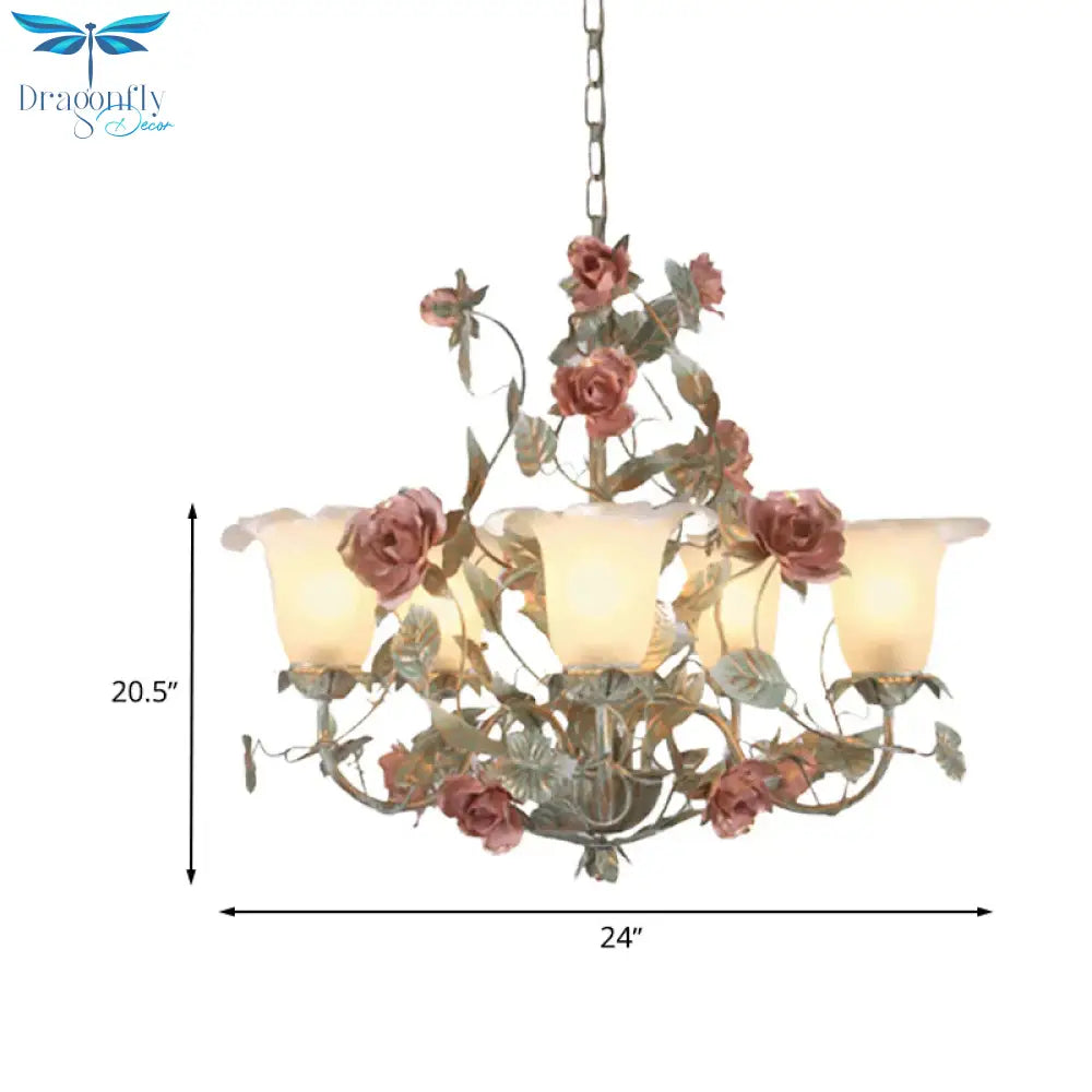 Countryside Curved Arm Suspension Lighting 3/5/6 Heads Metal Chandelier In Blue And Green With