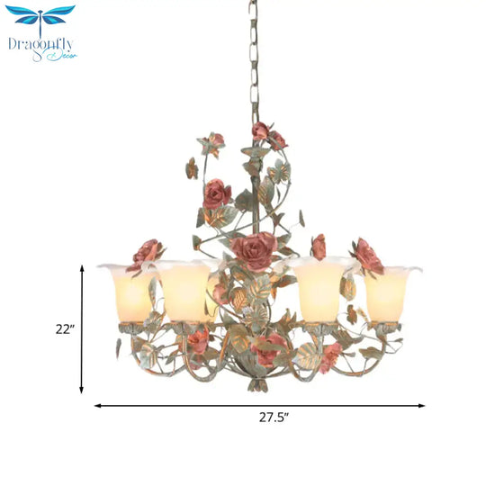 Countryside Curved Arm Suspension Lighting 3/5/6 Heads Metal Chandelier In Blue And Green With