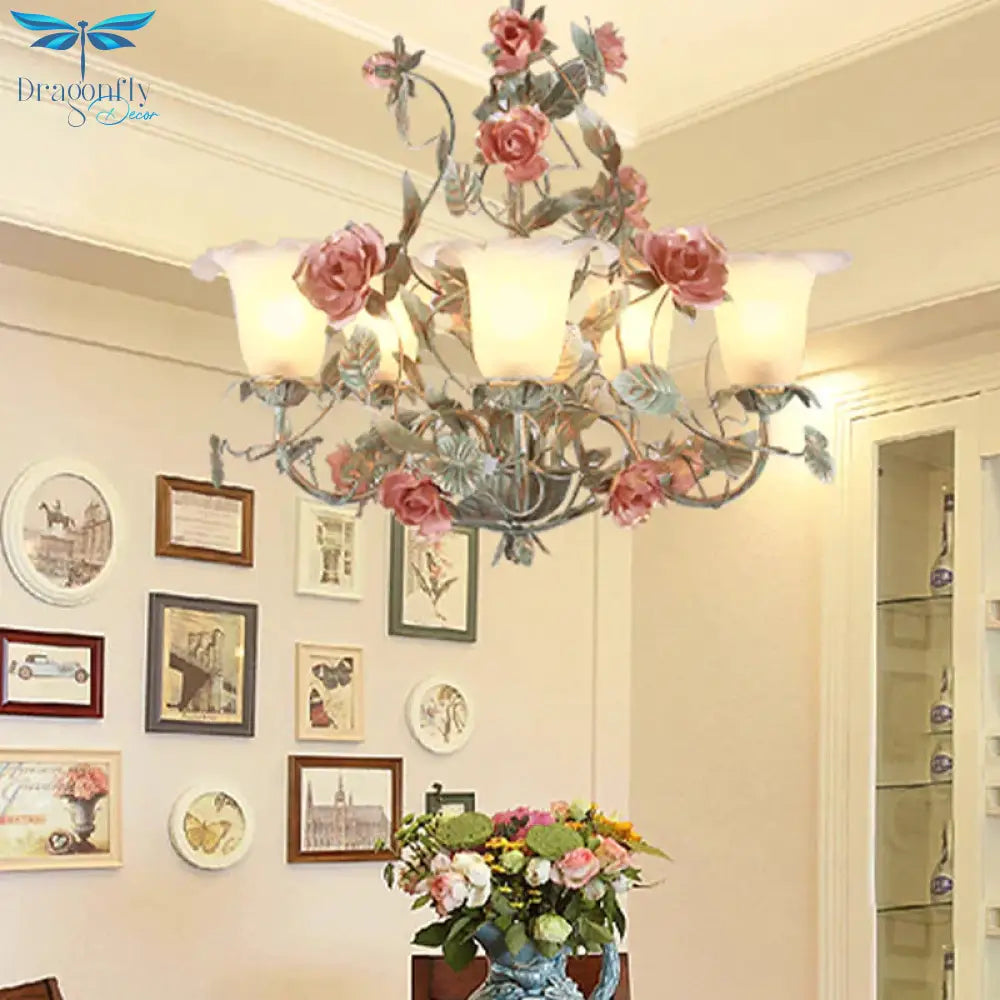 Countryside Curved Arm Suspension Lighting 3/5/6 Heads Metal Chandelier In Blue And Green With