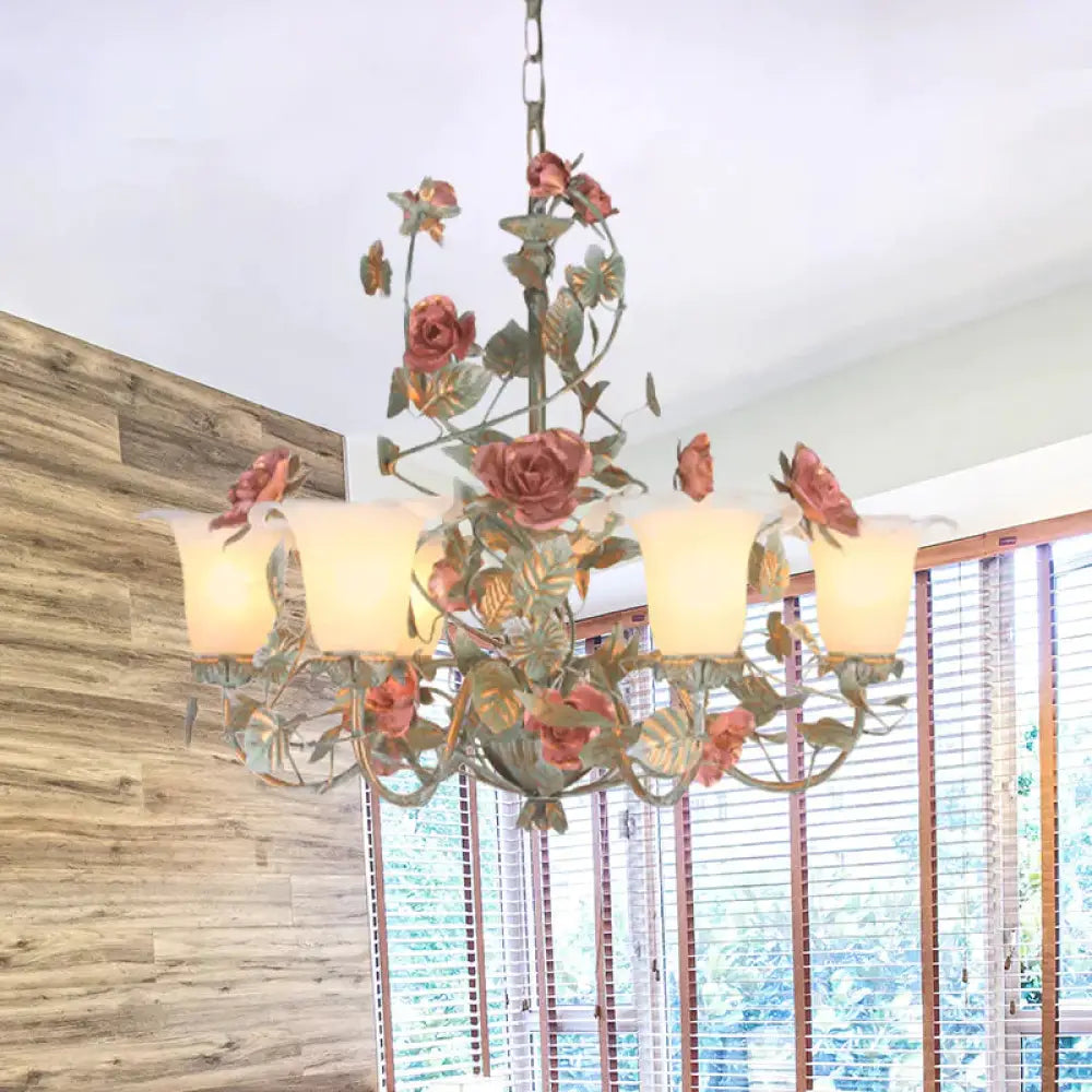 Countryside Curved Arm Suspension Lighting 3/5/6 Heads Metal Chandelier In Blue And Green With