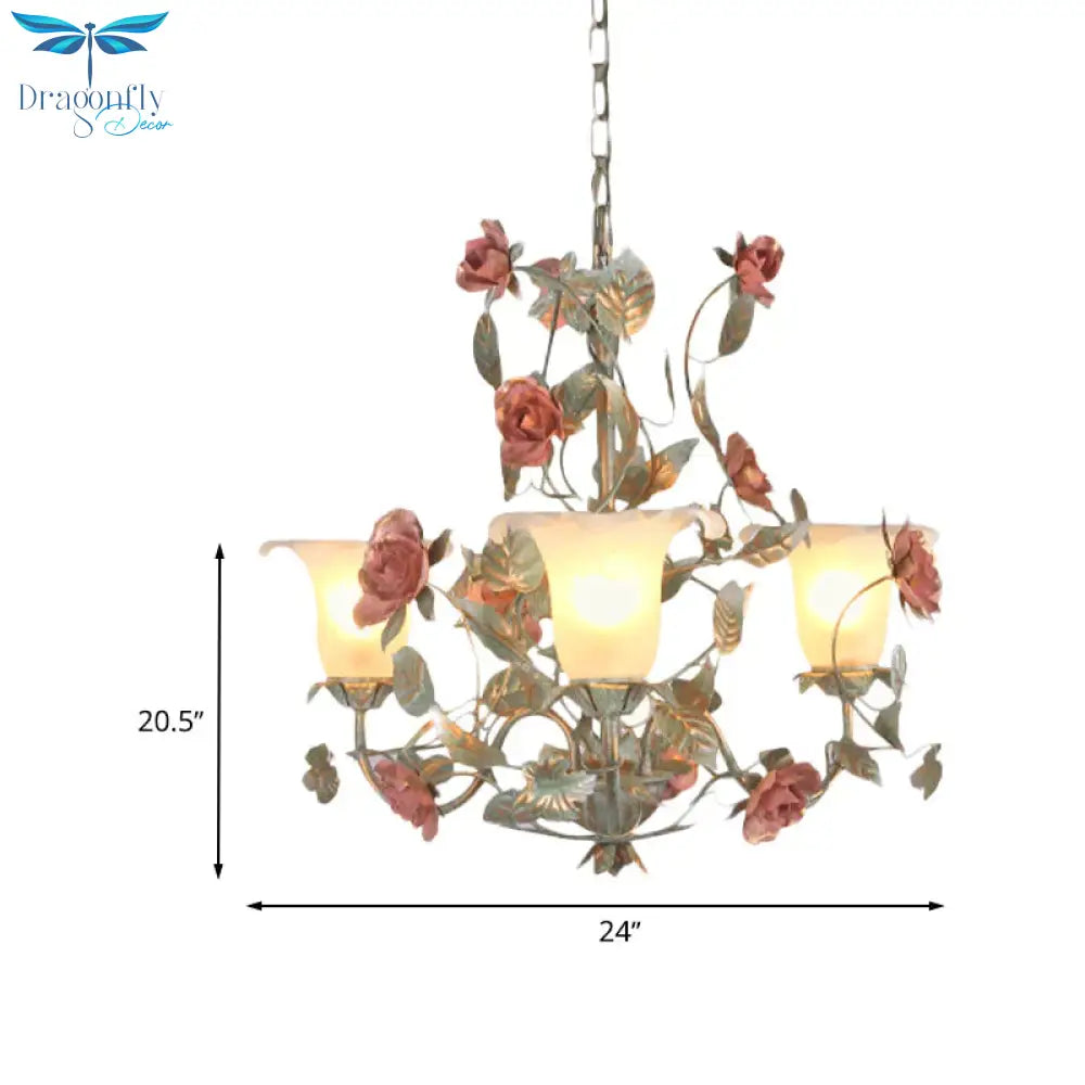 Countryside Curved Arm Suspension Lighting 3/5/6 Heads Metal Chandelier In Blue And Green With