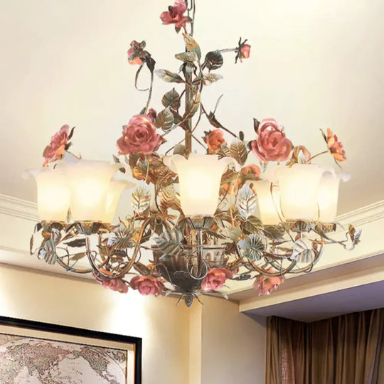 Countryside Curved Arm Suspension Lighting 3/5/6 Heads Metal Chandelier In Blue And Green With