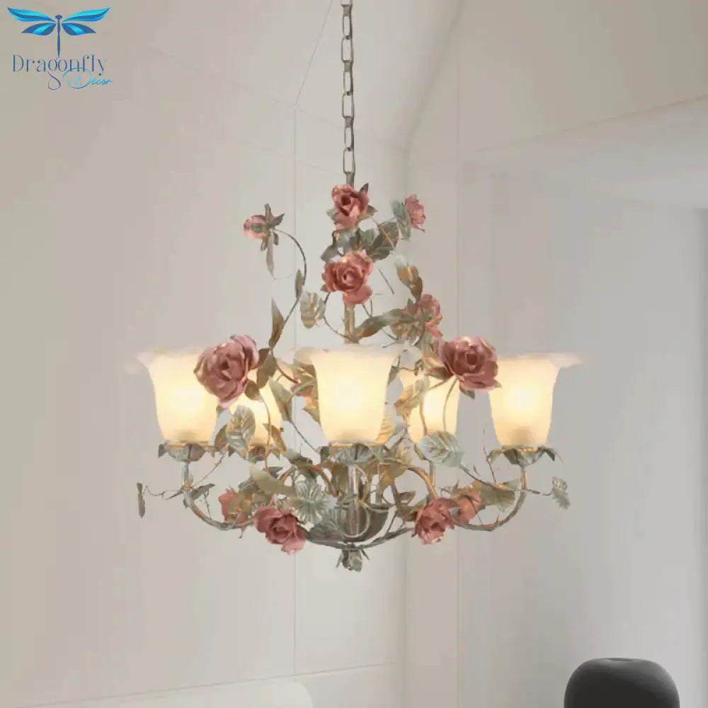Countryside Curved Arm Suspension Lighting 3/5/6 Heads Metal Chandelier In Blue And Green With