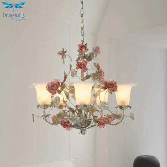 Countryside Curved Arm Suspension Lighting 3/5/6 Heads Metal Chandelier In Blue And Green With