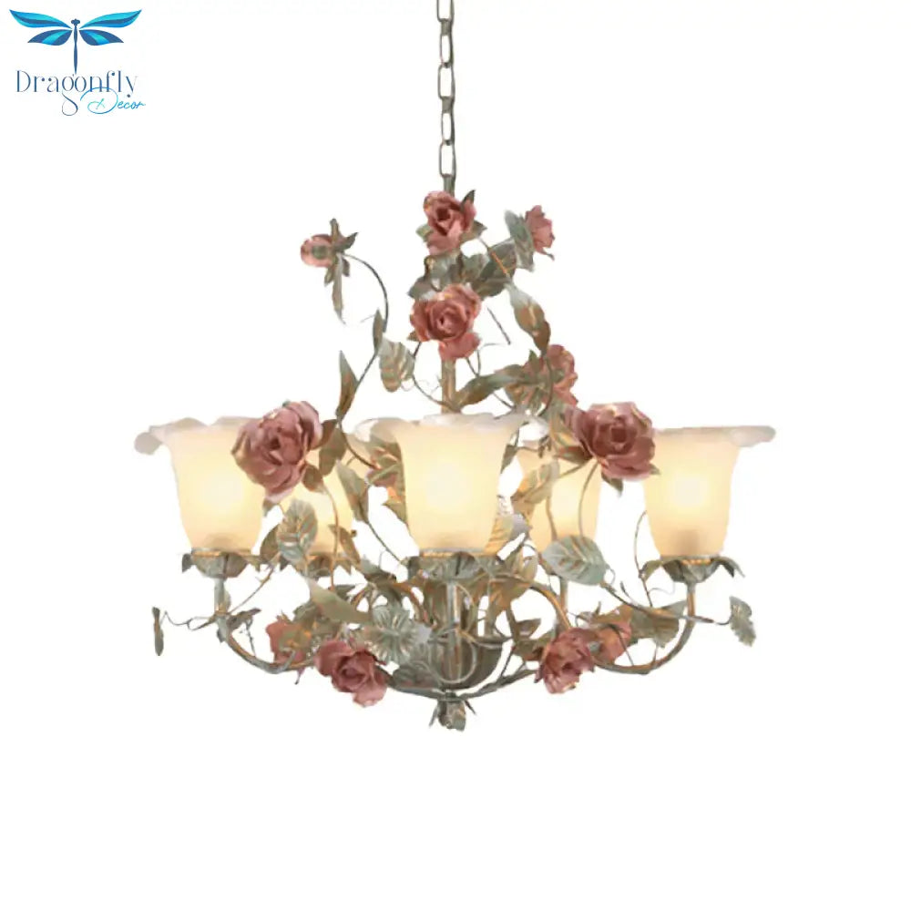Countryside Curved Arm Suspension Lighting 3/5/6 Heads Metal Chandelier In Blue And Green With