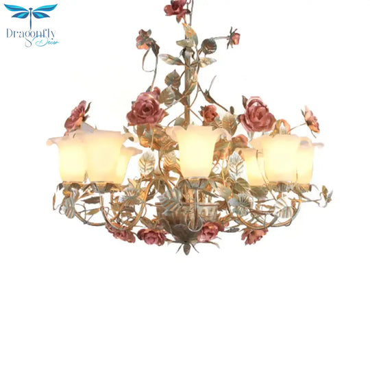 Countryside Curved Arm Suspension Lighting 3/5/6 Heads Metal Chandelier In Blue And Green With