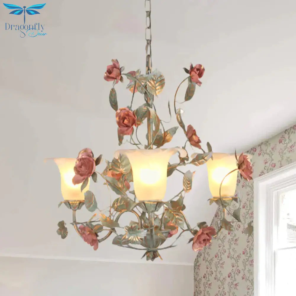 Countryside Curved Arm Suspension Lighting 3/5/6 Heads Metal Chandelier In Blue And Green With