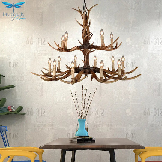 Countryside Faux Antler Hanging Pendant 6/8/10 Lights Resin Ceiling Chandelier In Brown For Living