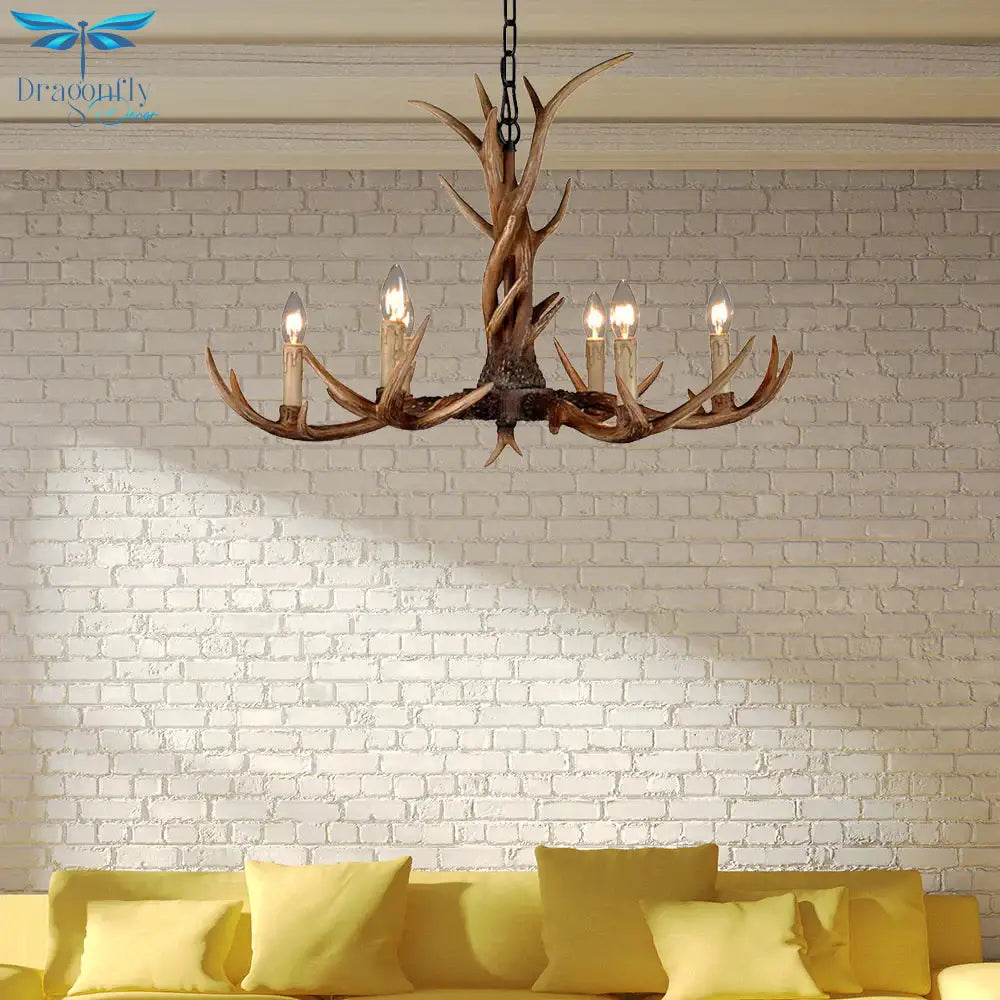 Countryside Faux Antler Hanging Pendant 6/8/10 Lights Resin Ceiling Chandelier In Brown For Living