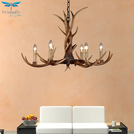 Countryside Faux Antler Hanging Pendant 6/8/10 Lights Resin Ceiling Chandelier In Brown For Living