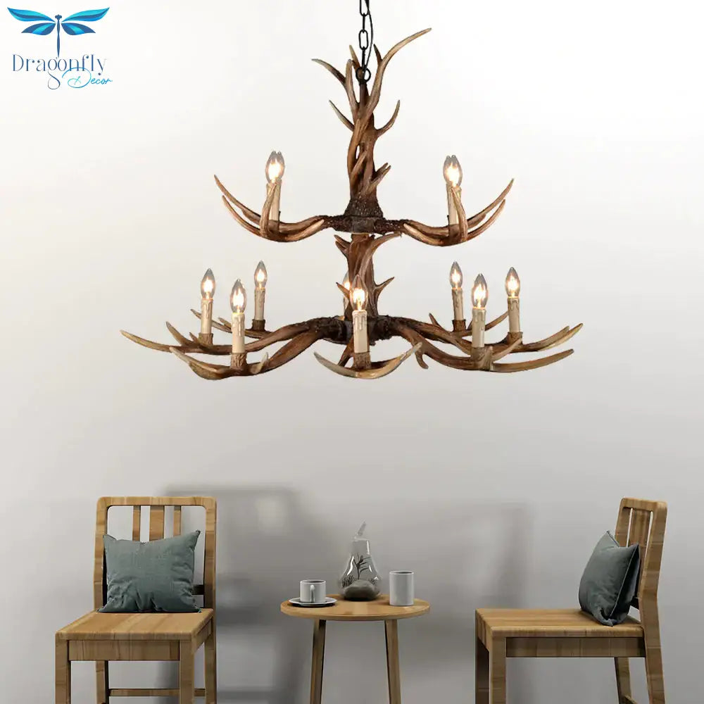 Countryside Faux Antler Hanging Pendant 6/8/10 Lights Resin Ceiling Chandelier In Brown For Living