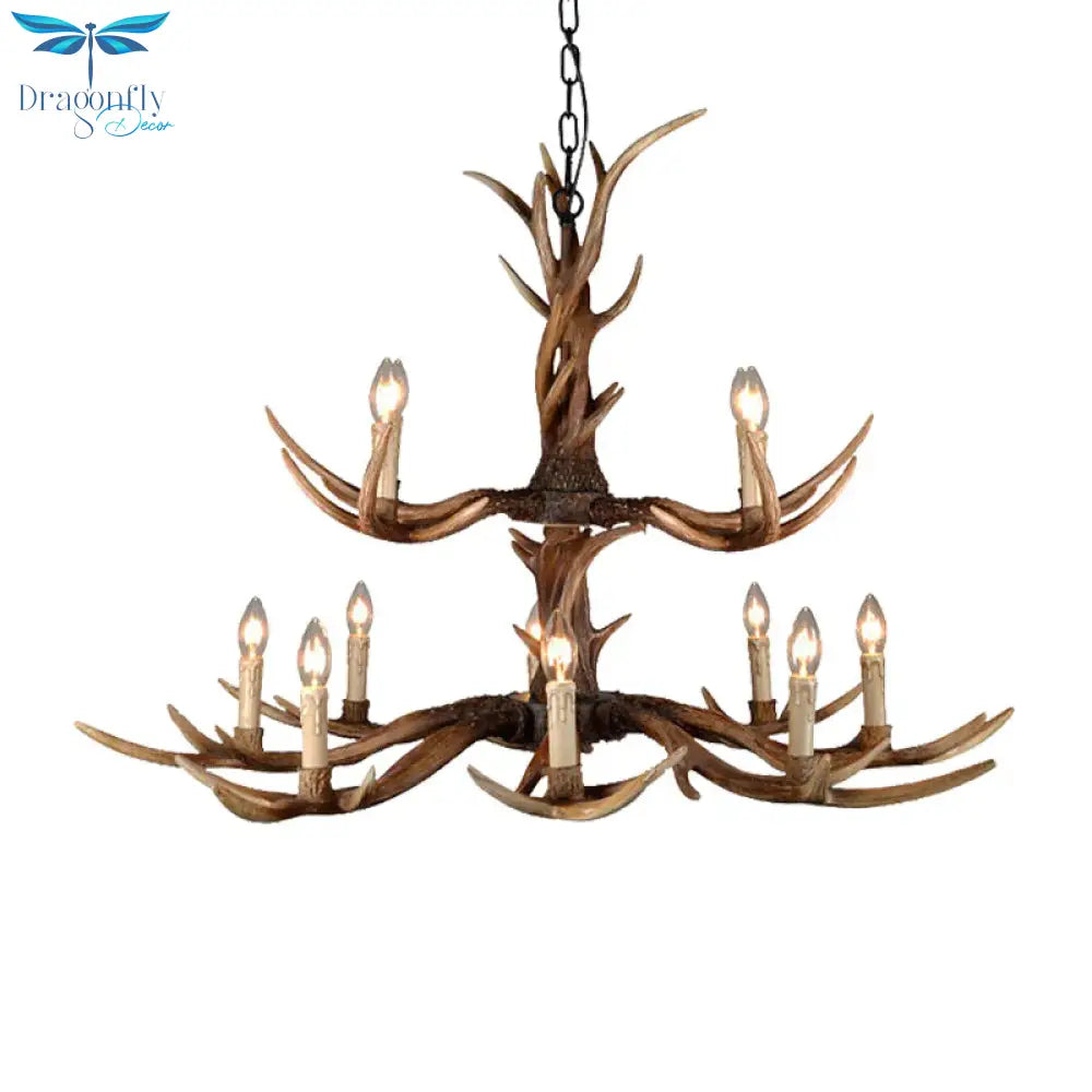 Countryside Faux Antler Hanging Pendant 6/8/10 Lights Resin Ceiling Chandelier In Brown For Living