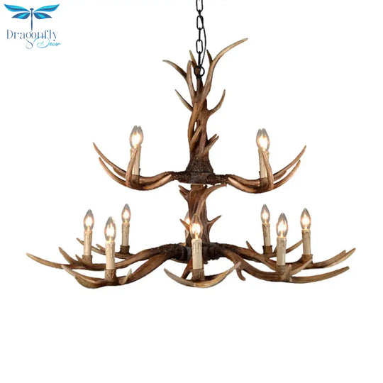 Countryside Faux Antler Hanging Pendant 6/8/10 Lights Resin Ceiling Chandelier In Brown For Living